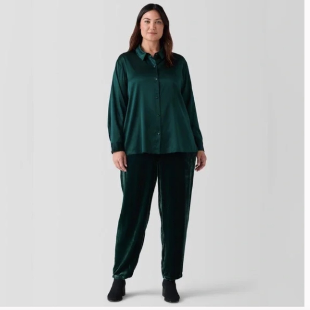 Eileen Fisher High Waist Green Velvet Taper Ankle Pants Pine Nwt - Picture 4 of 8